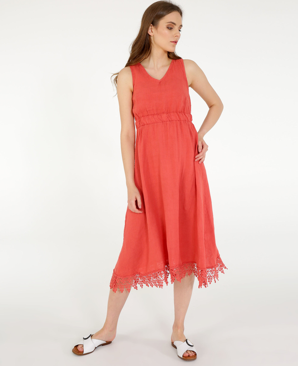 Sukienka Unisono z lnu midi z dekoltem w kształcie litery v
