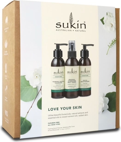 Sukin, Love Your Skin, Original, nawilżający krem do twarzy, 125 ml + nawilżająca mgiełka tonizująca, 125 ml + kremowy żel do mycia twarzy, 15 ml, z..