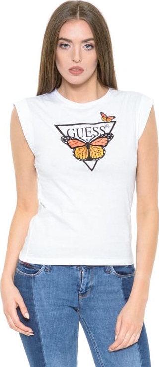 T-shirt Guess bez rękawów z okrągłym dekoltem