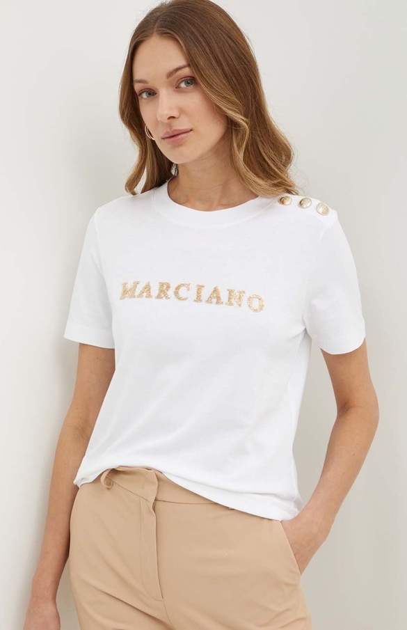 T-shirt Guess by Marciano z okrągłym dekoltem z krótkim rękawem
