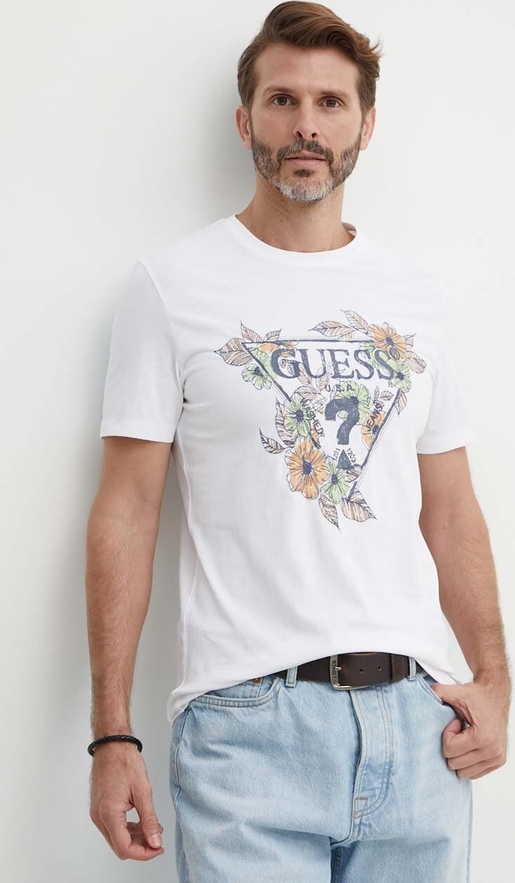 T-shirt Guess w młodzieżowym stylu z bawełny z nadrukiem