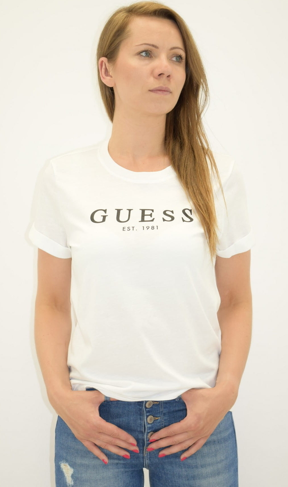 T-shirt Guess z bawełny z krótkim rękawem z okrągłym dekoltem