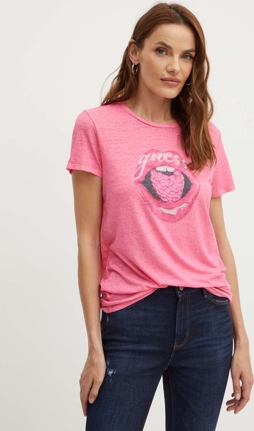 T-shirt Guess z krótkim rękawem w młodzieżowym stylu z okrągłym dekoltem
