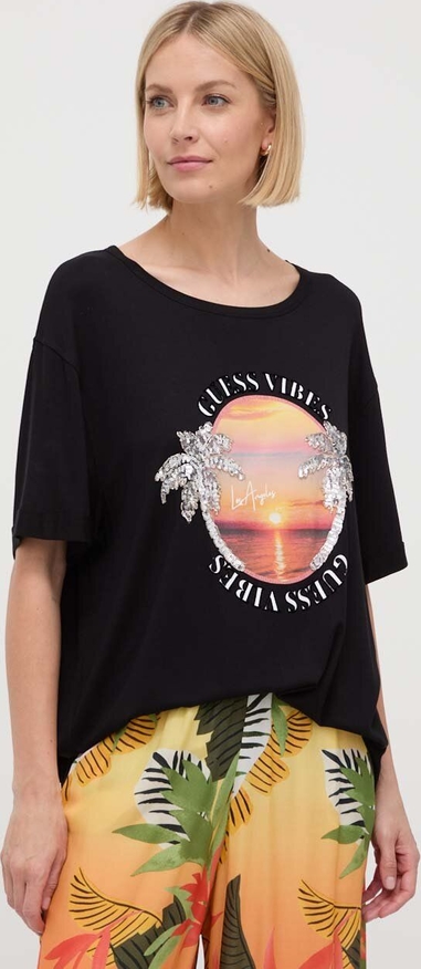 T-shirt Guess z nadrukiem z okrągłym dekoltem