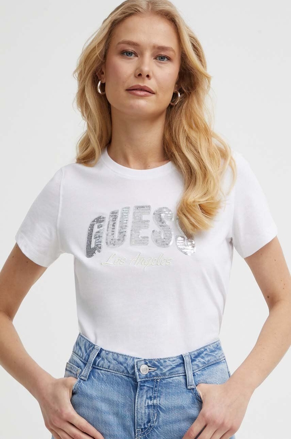 T-shirt Guess z okrągłym dekoltem z bawełny w młodzieżowym stylu