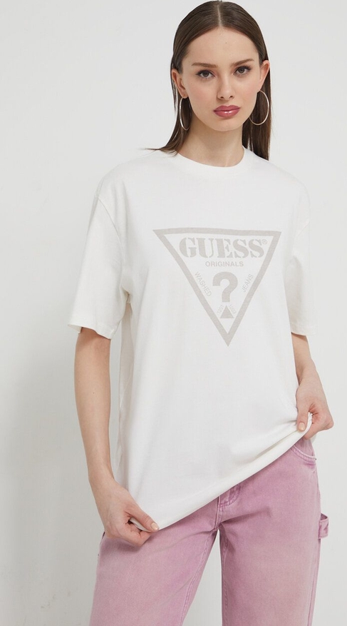T-shirt Guess z okrągłym dekoltem z nadrukiem z krótkim rękawem