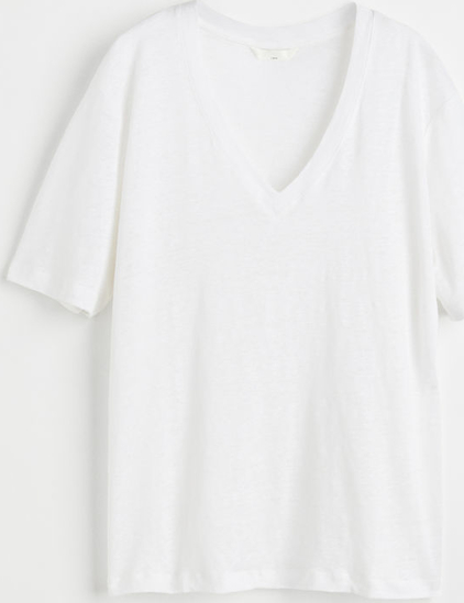 T-shirt H & M z dekoltem w kształcie litery v z lnu z krótkim rękawem