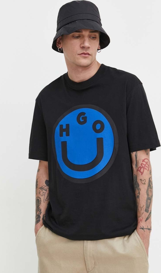 T-shirt Hugo Blue z bawełny z krótkim rękawem z nadrukiem
