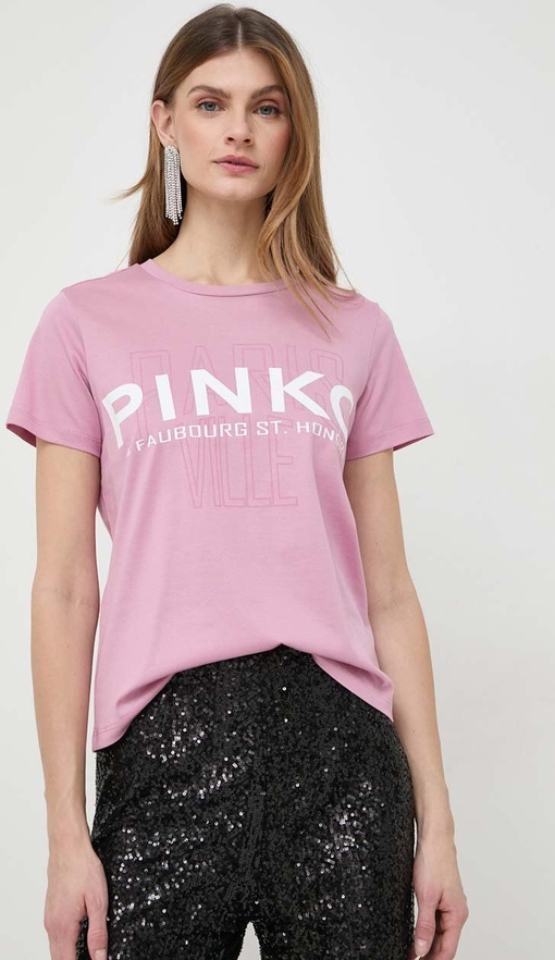 T-shirt Pinko z bawełny z okrągłym dekoltem z krótkim rękawem