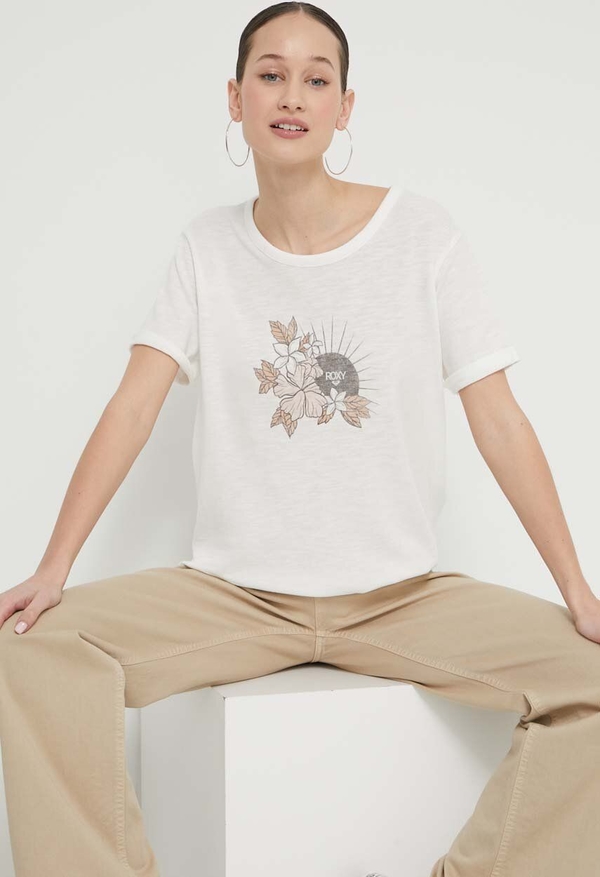 T-shirt Roxy w młodzieżowym stylu z okrągłym dekoltem