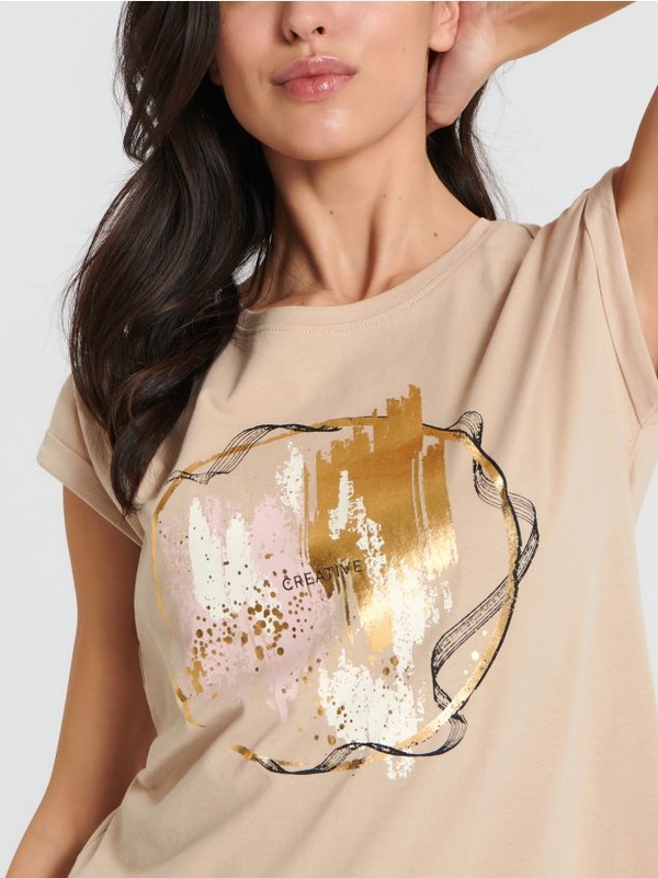 T-shirt Sinsay z bawełny z okrągłym dekoltem z nadrukiem