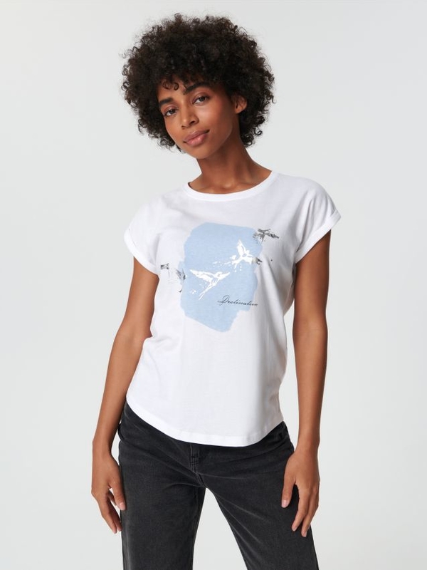T-shirt Sinsay z nadrukiem z okrągłym dekoltem w młodzieżowym stylu