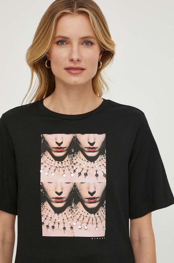 T-shirt Sisley z nadrukiem z bawełny z okrągłym dekoltem