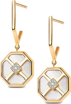 YES Art Deco - złote kolczyki z masą perłową i cyrkoniami