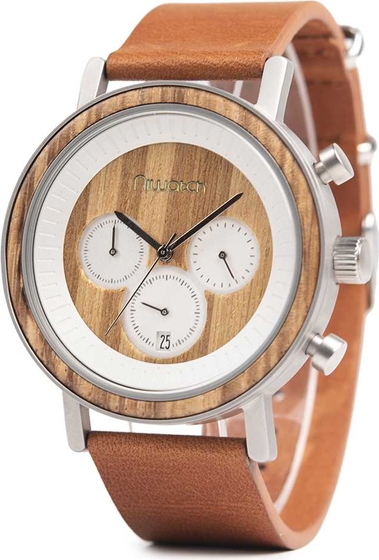Zegarek drewniany Niwatch - kolekcja ROYAL - ZEBRAWOOD na brązowym pasku