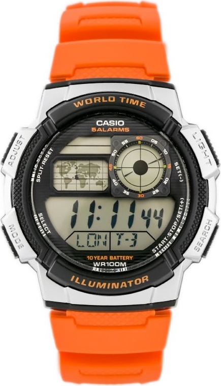 ZEGAREK MĘSKI CASIO AE-1000W 4BV (zd073d) - WORLD TIME - Srebrny || Pomarańczowy