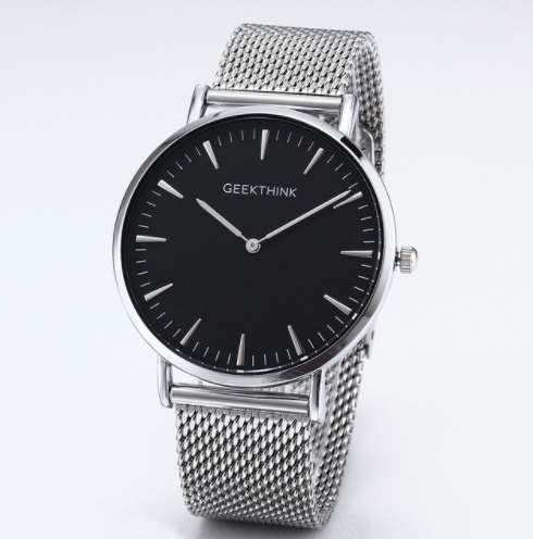 Zegarek premium GeekThink na srebrnej bransolecie - czarna tarcza