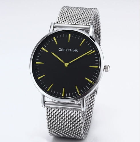 Zegarek premium GeekThink na srebrnej bransolecie - czarna tarcza - złote znaczniki