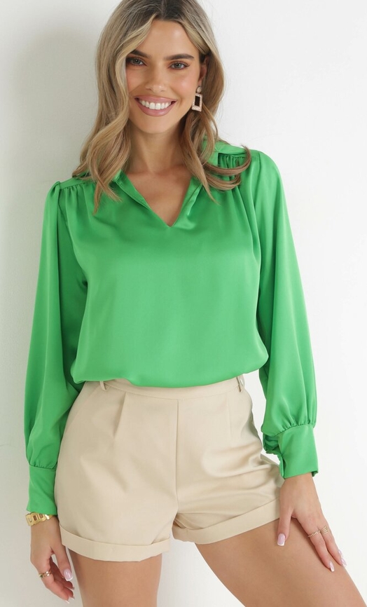 Zielona bluzka born2be z długim rękawem w stylu casual z dekoltem w kształcie litery v