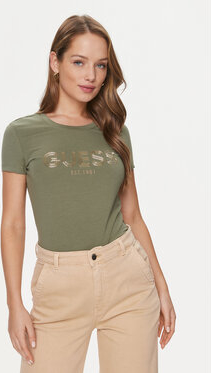 Zielona bluzka Guess z krótkim rękawem z okrągłym dekoltem w młodzieżowym stylu
