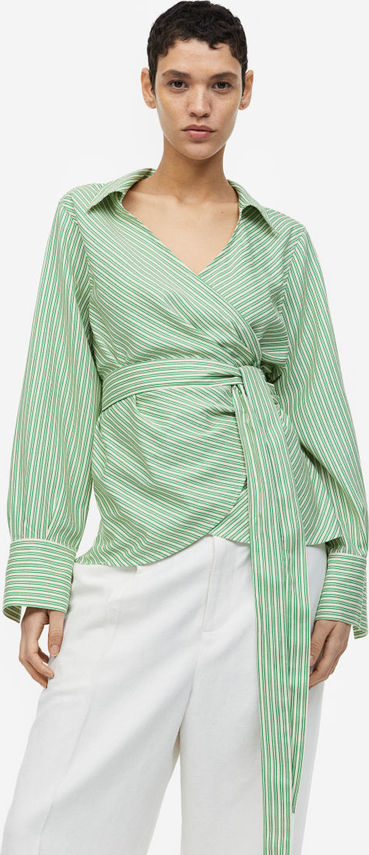 Zielona bluzka H & M z dekoltem w kształcie litery v w stylu casual z długim rękawem