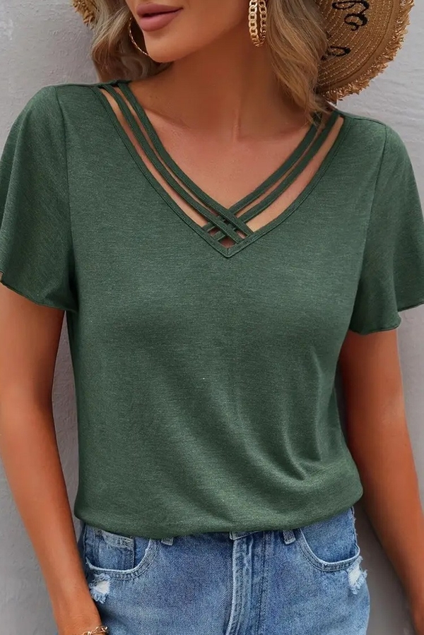 Zielona bluzka IVET z dekoltem w kształcie litery v w stylu casual z krótkim rękawem