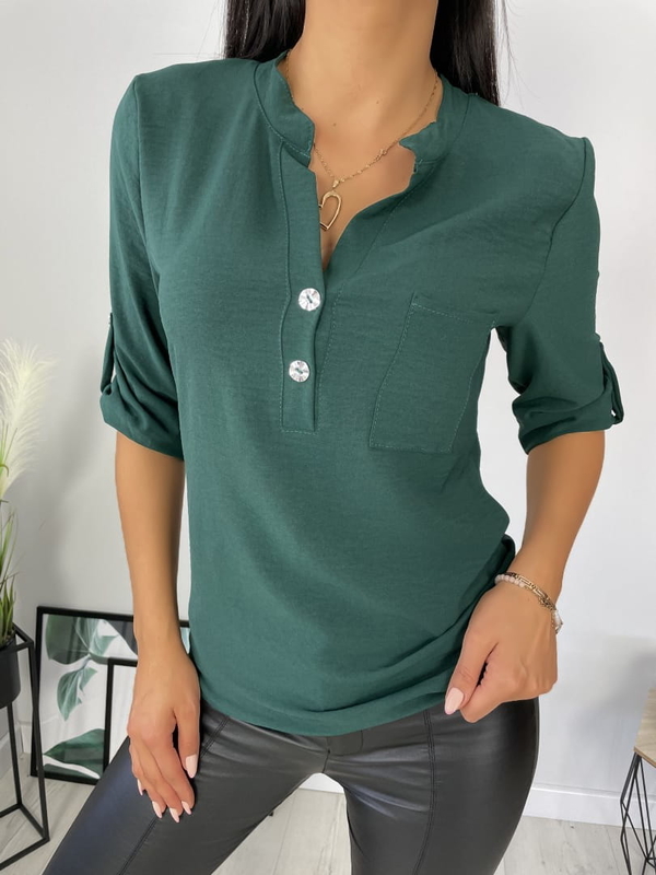 Zielona bluzka ModnaKiecka.pl z długim rękawem z dekoltem w kształcie litery v