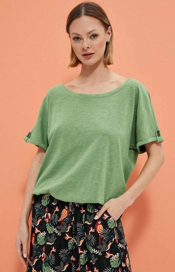 Zielona bluzka Moodo.pl z krótkim rękawem z bawełny w stylu casual