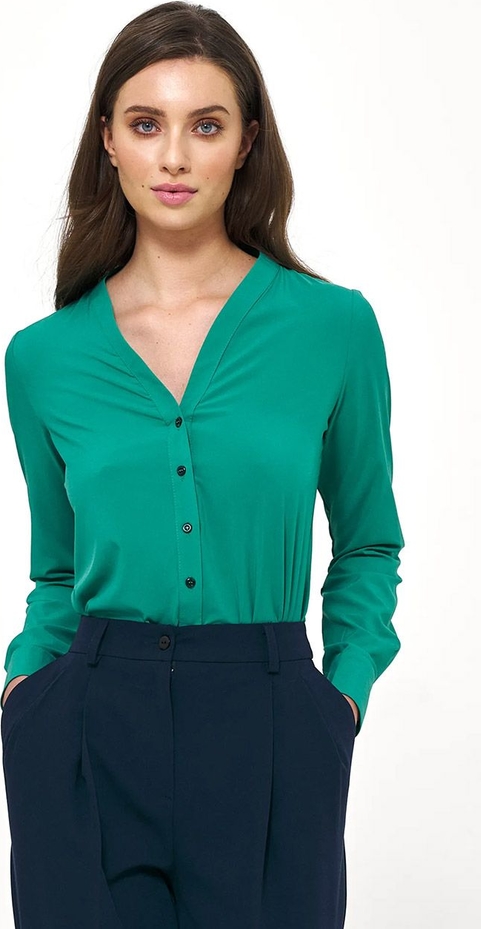 Zielona bluzka Nife w stylu casual z długim rękawem z dekoltem w kształcie litery v