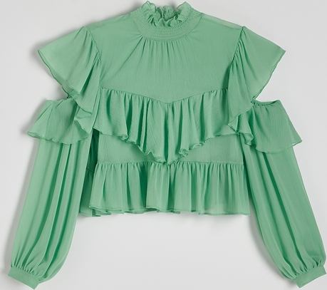 Zielona bluzka Reserved z okrągłym dekoltem z tkaniny z długim rękawem