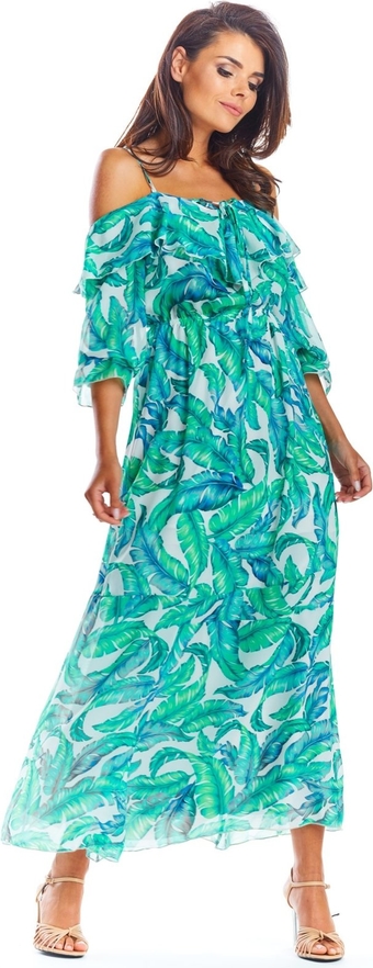 Zielona sukienka Awama maxi z okrągłym dekoltem z długim rękawem
