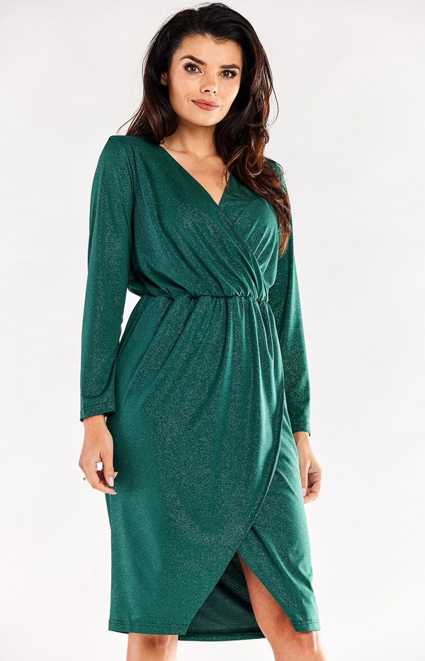 Zielona sukienka Awama z dekoltem w kształcie litery v midi z tkaniny