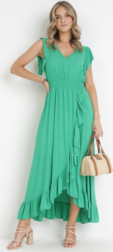 Zielona sukienka born2be maxi z dekoltem w kształcie litery v z krótkim rękawem