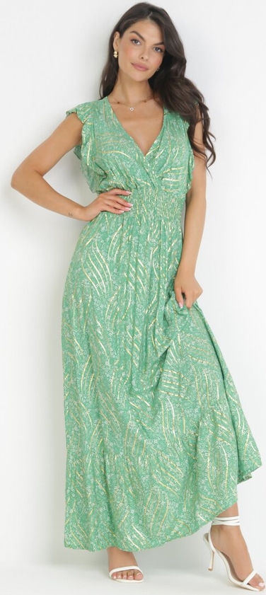 Zielona sukienka born2be maxi z krótkim rękawem z dekoltem w kształcie litery v