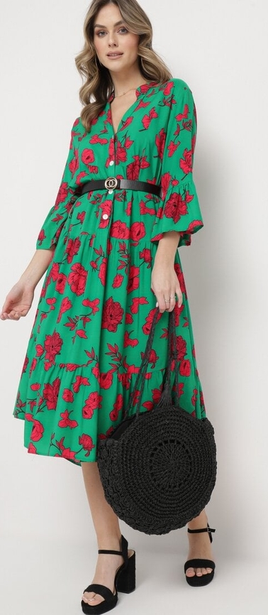 Zielona sukienka born2be midi z dekoltem w kształcie litery v w stylu casual