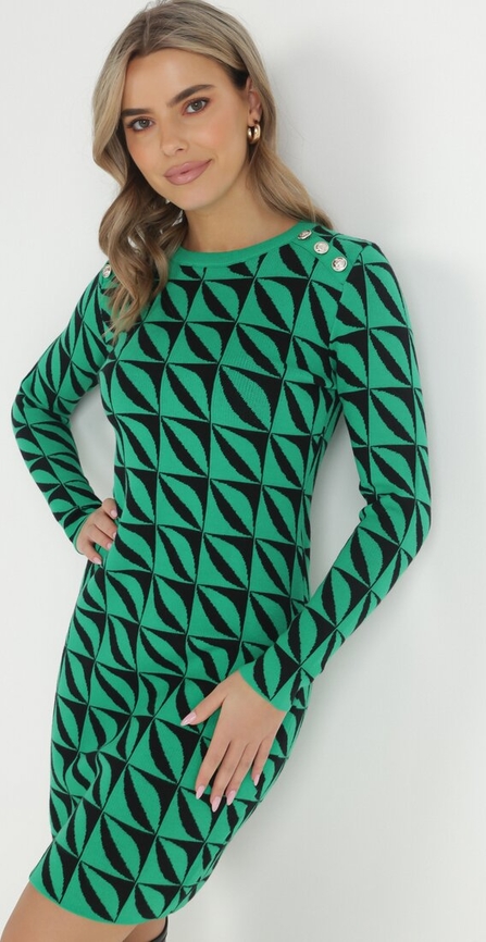 Zielona sukienka born2be prosta z okrągłym dekoltem w geometryczne wzory