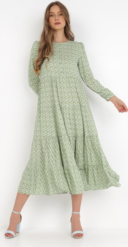 Zielona sukienka born2be w stylu boho z długim rękawem z okrągłym dekoltem