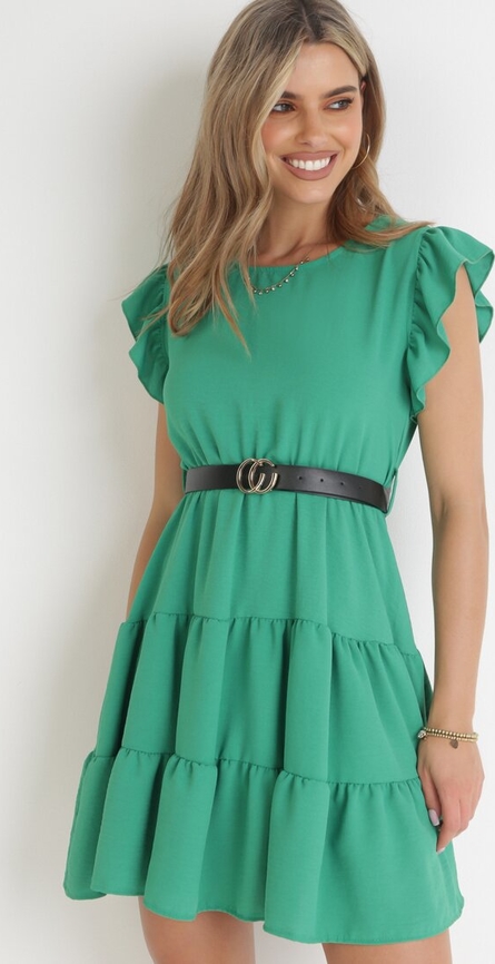 Zielona sukienka born2be w stylu casual z krótkim rękawem z okrągłym dekoltem