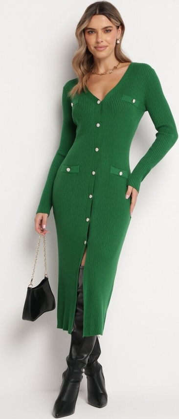 Zielona sukienka born2be w stylu casual z tkaniny z długim rękawem