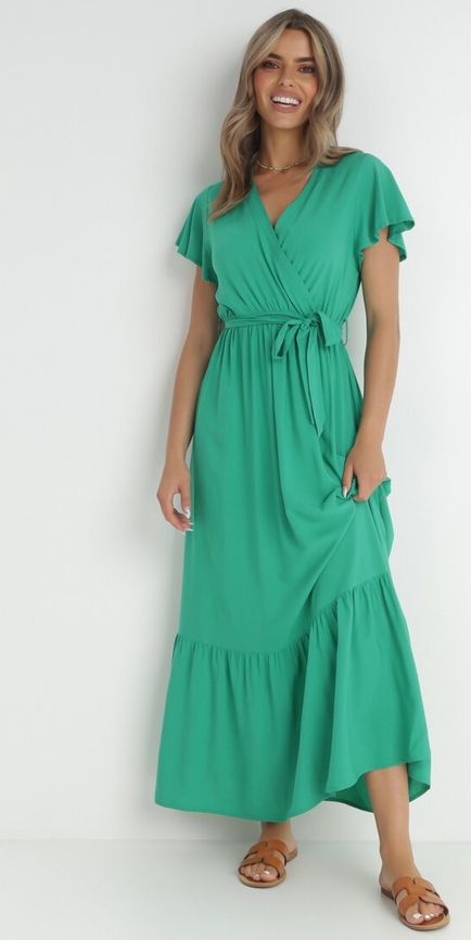Zielona sukienka born2be w stylu klasycznym maxi z tkaniny