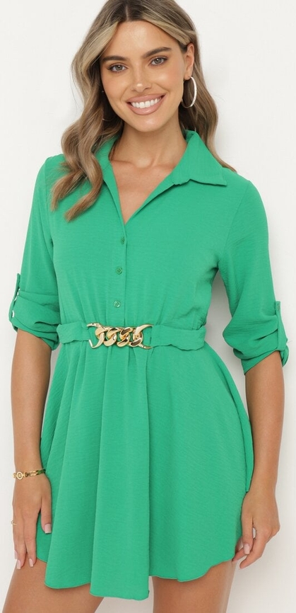 Zielona sukienka born2be z długim rękawem w stylu klasycznym
