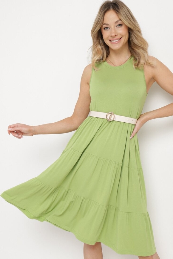 Zielona sukienka born2be z okrągłym dekoltem midi bez rękawów