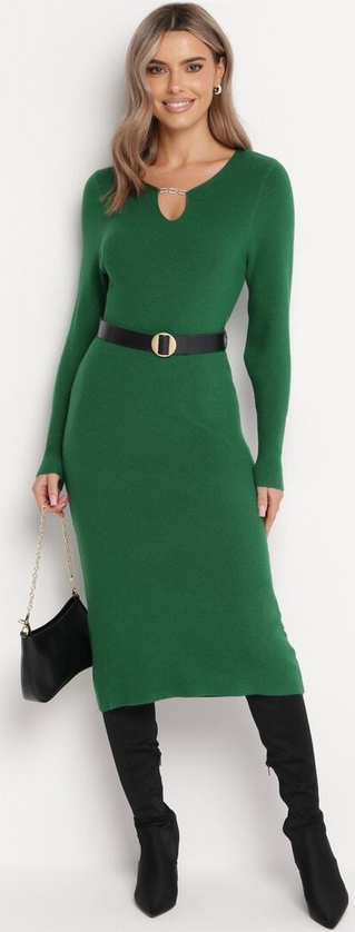 Zielona sukienka born2be z tkaniny z długim rękawem z dekoltem w kształcie litery v