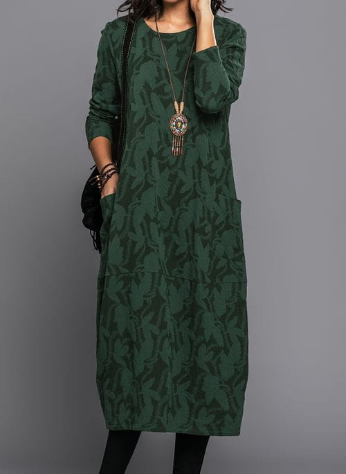 Zielona sukienka Cikelly z okrągłym dekoltem w stylu casual z długim rękawem