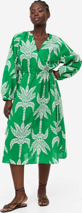 Zielona sukienka H & M midi z dekoltem w kształcie litery v z długim rękawem