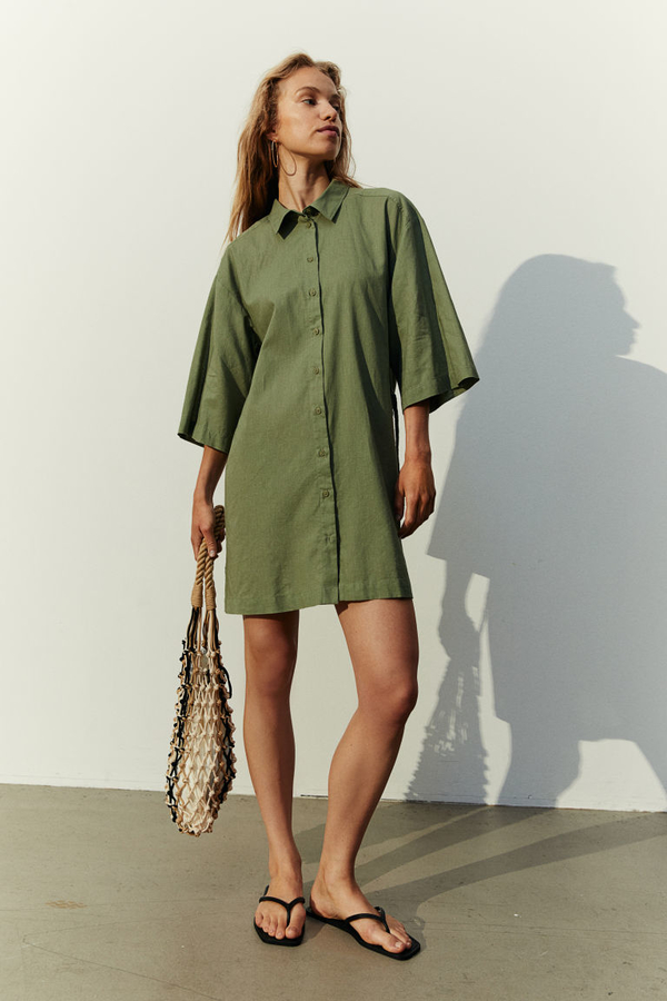 Zielona sukienka H & M z bawełny koszulowa w stylu casual