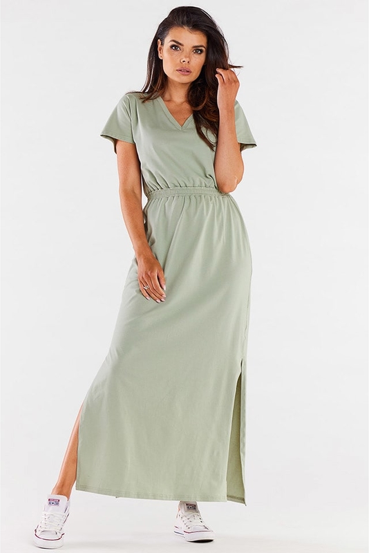 Zielona sukienka Infinite You maxi z krótkim rękawem z dekoltem w kształcie litery v