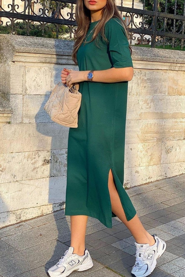 Zielona sukienka IVET w stylu casual midi z krótkim rękawem