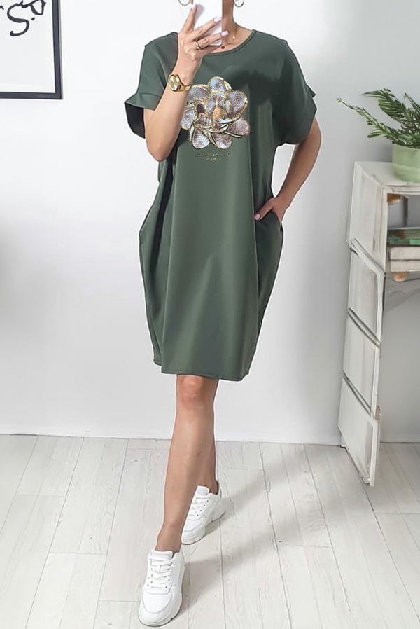 Zielona sukienka IVET z okrągłym dekoltem w stylu casual mini