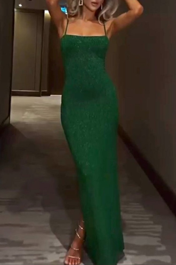 Zielona sukienka IVET z tkaniny maxi z dekoltem w kształcie litery v